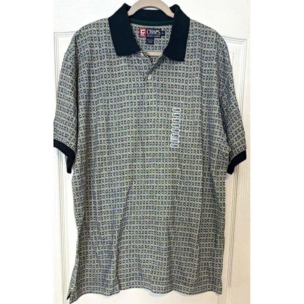 Chaps Ralph Lauren Mens Polo Shirt XL Short Sleeve Geometric Green Cotton NWT
